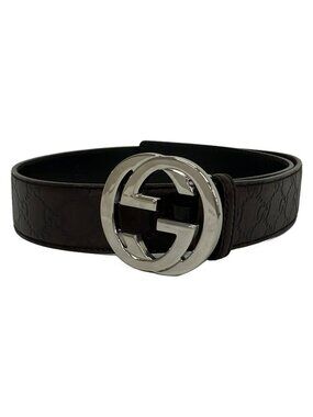 Gucci Belt 85 34 Dark Brown Silver Interlocking Guccissima Line Leather